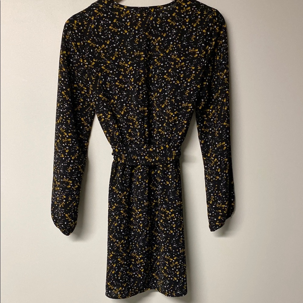 DYNAMITE Black and Yellow Floral Wrap Sundress with Bishop Sleeves - Picture 5 of 9